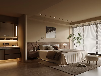 Modern Bedroom Interior With Wooden Headboard Bed Nightstand Lamp Artwork Plant And Large Window 3d model