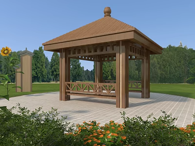 Wooden Gazebo With Brown Roof In Garden Surrounded By Green Lawn Trees And Yellow Flowers 3d model