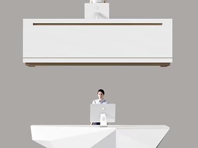 Modern Polygonal White Reception Desk With Computer And Staff Working 3d model
