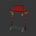 Red Chinese Entrance Gate Featuring Traditional Roof Hanging Lanterns Yellow Accented Pillars And Stone Steps