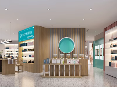 Modern Specialty Store Interior With Wooden Counter Circular Green Decor Shelves And Pendant Lighting 3d model