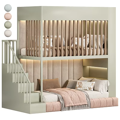 Modern Bunk Bed Design With Staircase Guardrail Soft Lighting And Cozy Pink Bedding 3d model