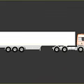 Orange Cab Truck With Long White Trailer And Multiple Wheels On Dark Reflective Surface