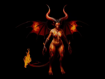 Game Movie Character Female Demon With Red Horns Fiery Wings Flame Patterns Burning Tail 3d model