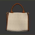Elegant Beige Handbag With Textured Material And Orange Handles And Sleek Design