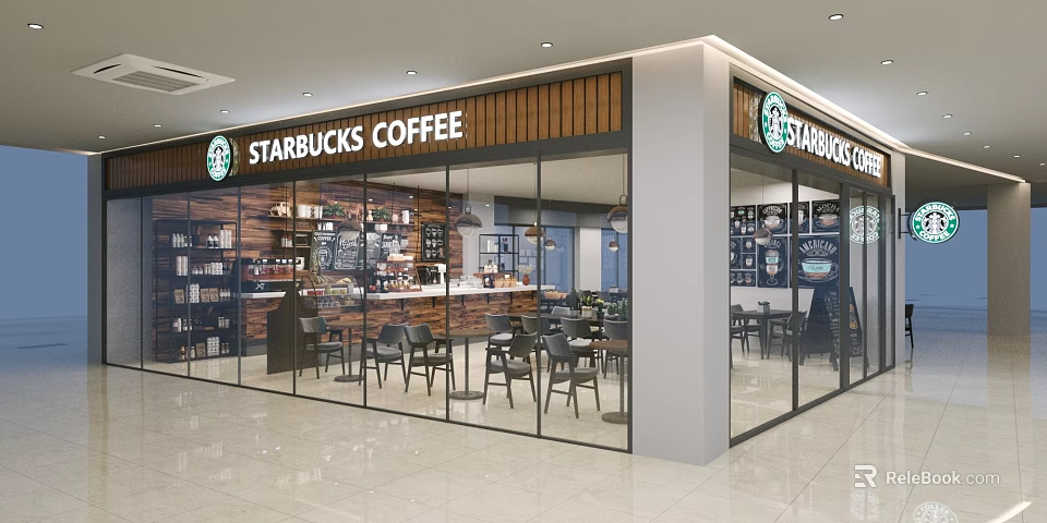 Starbucks Coffee Mall Store Modern Interior With Glass Doors Tables Chairs And Counter 3d model 