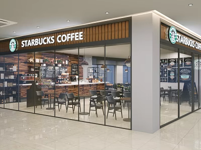 Starbucks Coffee Mall Store Modern Interior With Glass Doors Tables Chairs And Counter 3d model