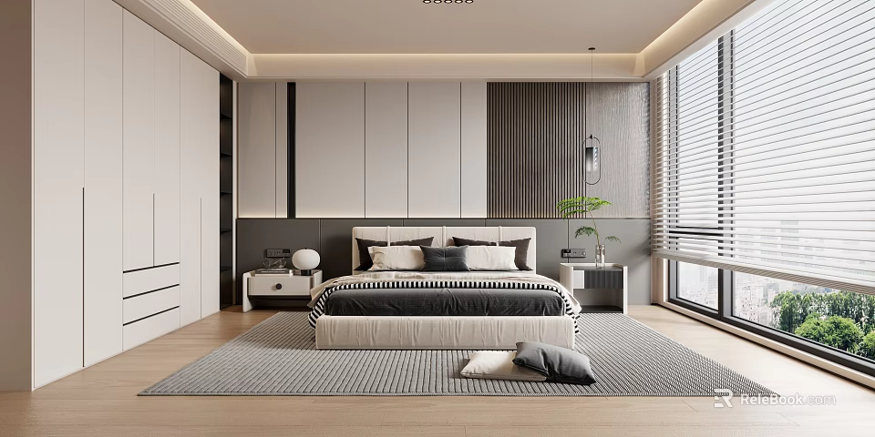 Modern Bedroom Interior With King Size Bed Nightstands And Area Carpet 3d model