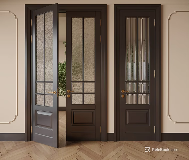 Dark Wooden Double Doors With Glass Panels Open Showing Green Plant In Elegant Interior 3d model 