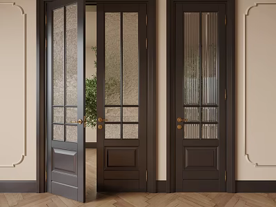 Dark Wooden Double Doors With Glass Panels Open Showing Green Plant In Elegant Interior 3d model