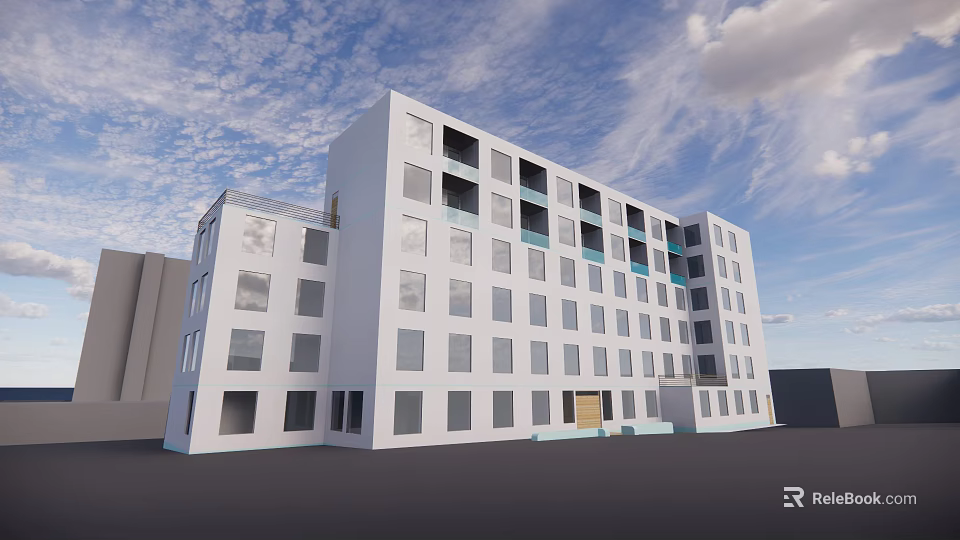 Modern White Multi story Building With Large Windows Against Blue Sky And White Clouds 3d model 