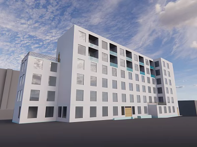 Modern White Multi story Building With Large Windows Against Blue Sky And White Clouds 3d model
