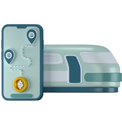 Green Mobile Phone With Navigation Route Location Markers Coin And High Speed Train 3d model