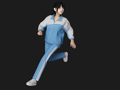 Woman in Blue and White Tracksuit Running Mid Stride with White Sneakers 3d model