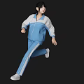 Woman in Blue and White Tracksuit Running Mid Stride with White Sneakers