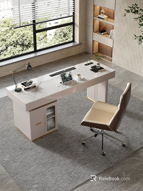 Modern White Office Desk with Lamp Laptop Coffee Mug Plant Beige Chair and Floor-to-Ceiling Window 3d model 