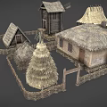 Wooden Houses with Thatched Roofs and Wooden Fences in Rural Setting