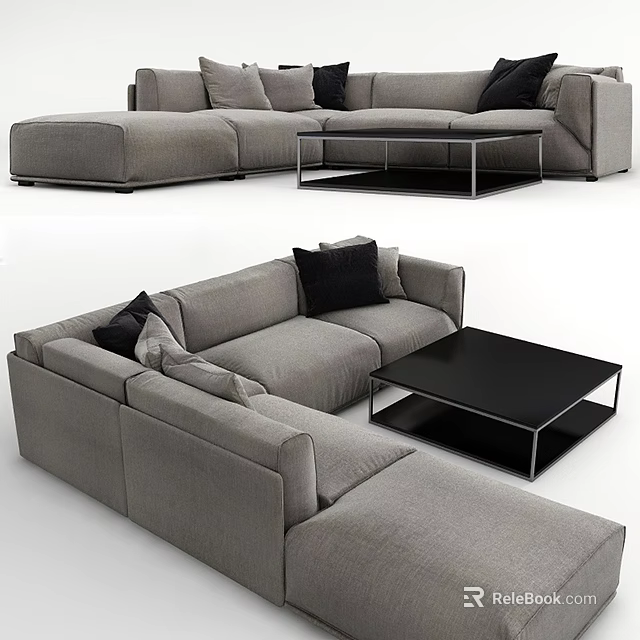 Modern Gray Sectional Sofa With Black Cushions And Metal Frame Coffee Table 3d model
