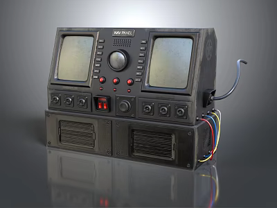 Vintage Retro Computer Console With Dual Screens Knobs Buttons And Cables 3d model