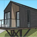 Modern Wooden House Elevated on Stilts With Balcony Glass Railings and Lush Greenery