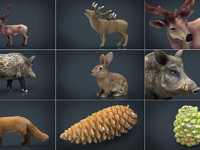 modern animal wildlife elk pig fox combination rabbit pine nuts pineapple elk wild animal combination 3d model