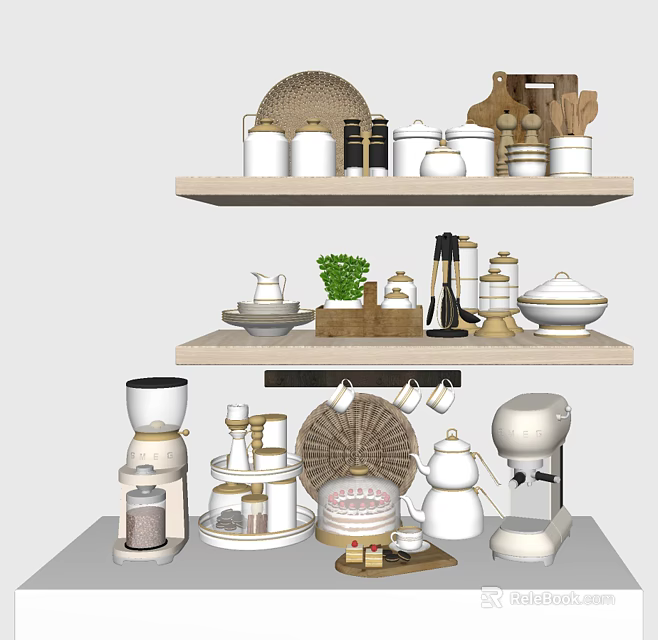 Stylish Organized Kitchen Shelves With White Kitchenware Appliances And Decorative Items 3d model 