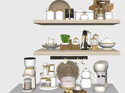 Stylish Organized Kitchen Shelves With White Kitchenware Appliances And Decorative Items 3d model