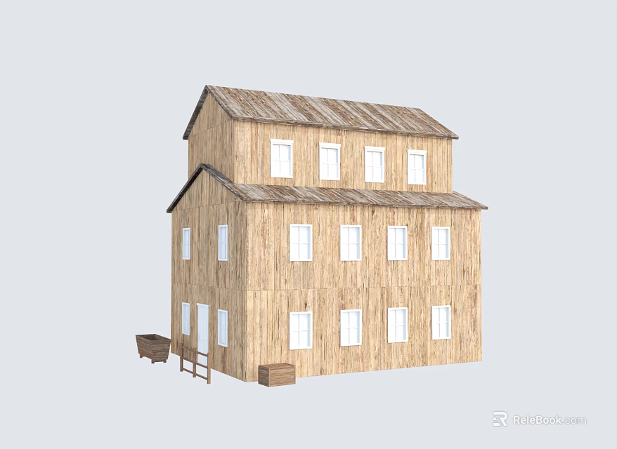 Two Story Wooden House With Exterior Multiple Windows Tiled Roof And Side Bench With Boxes 3d model 
