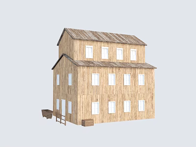 Two Story Wooden House With Exterior Multiple Windows Tiled Roof And Side Bench With Boxes 3d model