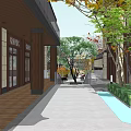 Vibrant Commercial Street With Scenic Trees Pedestrians Shops Tables And Benches