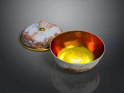 Elegant Porcelain Bowl With Golden Interior And Decorative Lid Design 3d model