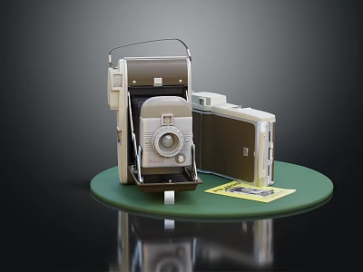 Vintage Digital Camera Display On Green Circular Base With Yellow Card 3d model