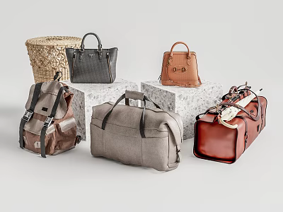 Assorted Fashionable Bags Featuring Leather Handbags Backpack Woven Duffel In Gray Brown Tan 3d model