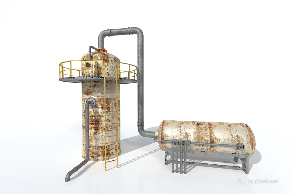 Industrial Equipment Featuring Vertical And Horizontal Storage Tanks With Metal Pipes Safety Railings And Ladders 3d model 