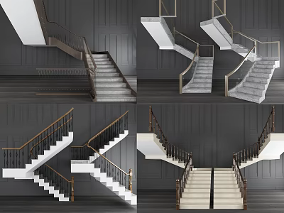 Modern Staircase Design With White Steps Black Gold Railings Dark Walls And Wooden Flooring 3d model