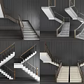 Modern Staircase Design With White Steps Black Gold Railings Dark Walls And Wooden Flooring