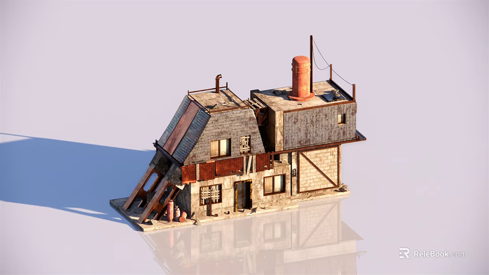 Old Style Building Model With Sloped Roofs Red Chimney Ramp Structure Wooden Doors And Small Windows 3d model 