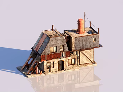 Old Style Building Model With Sloped Roofs Red Chimney Ramp Structure Wooden Doors And Small Windows 3d model