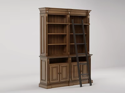 Classic Brown Wooden Bookcase Design With Shelves Ladder And Cabinet Doors 3d model