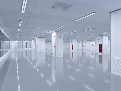 Spacious Modern Clean Interior With White Walls Smooth Flooring Linear Ceiling Lights And Red Doors 3d model