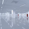 Spacious Modern Clean Interior With White Walls Smooth Flooring Linear Ceiling Lights And Red Doors