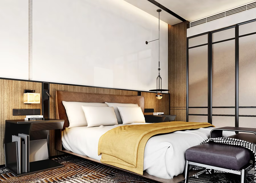 Modern Hotel Room Interior With Wooden Headboard White Bedding And Glass Partition 3d model 