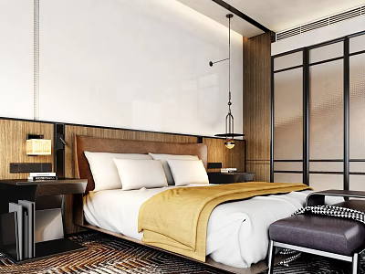 Modern Hotel Room Interior With Wooden Headboard White Bedding And Glass Partition 3d model