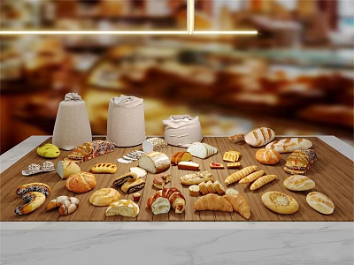 Freshly Baked Assorted Breads Croissants and Pastries on Wooden Table with Flour Sacks 3d model