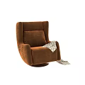 Modern Orange Curved Accent Chair with Metal Base and White Knitted Blanket