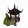 Traditional Landscape Pavilion with Black Curved Roof Red Pillars and Green Rockery Stone Path