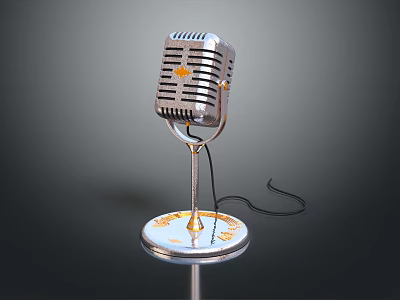 Vintage Microphone with Metal Stand Retro Design and Base Cable Detail 3d model