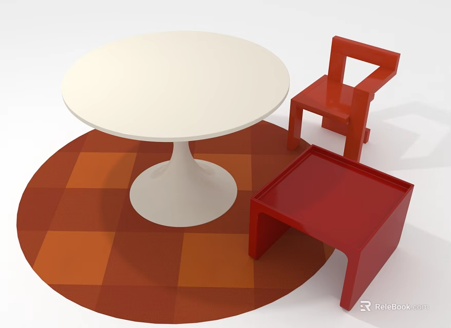 White Round Table and Red Chair Set with Red Stool on Orange Checkered Rug 3d model 