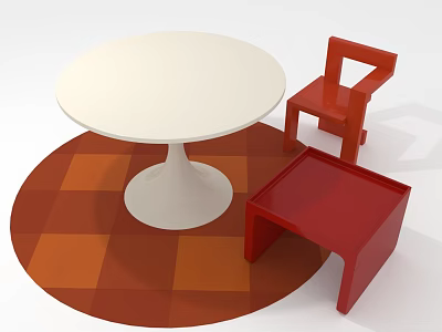 White Round Table and Red Chair Set with Red Stool on Orange Checkered Rug 3d model