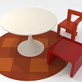 White Round Table and Red Chair Set with Red Stool on Orange Checkered Rug